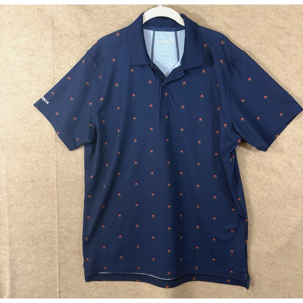 Bonobos Polo Shirt Mens Sz L Blue Red Roses‎ Print Performance Slim Fit Golf
